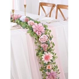 Waipfaru Spring Floral Garland, 6.07Ft Eucalyptus Garland with Flowers, Rose Pink Flower Garland Vines for Wedding Reception Table Mantle Room Decor (Rose Pink)