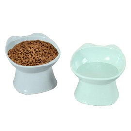 ​2 Psc Tilted Cute cat Food Bowls - 15° Whisker Relief & Digestive Aid, Anti-Vomit Shallow Feeding Dish for Cats,Shallow Cats Bowl, Easy-Clean (Green/Blue)