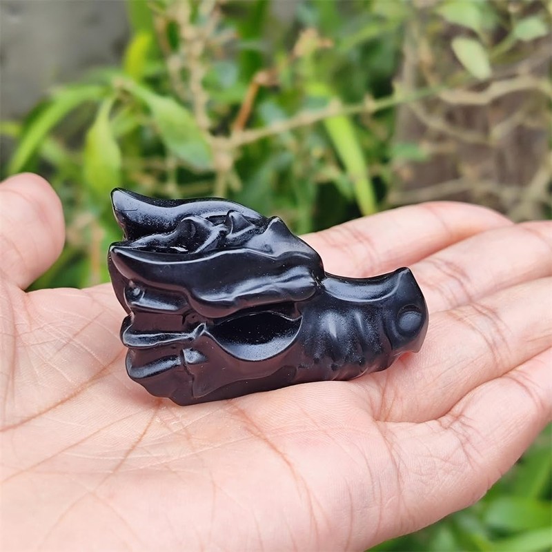 TEAMWILL 2" Natural Obsidian Crystal Dragon Head Statue Realistic Black