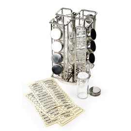 RSVP International Revolving Chrome Rack Set, Includes 16 Spice Jars | 9" x 11.5" | Keeps Salts, Peppers, Cumin, Garlic, Cinnamon, Herbs Fresh | Comes w/Labels, One Size, Multi Color