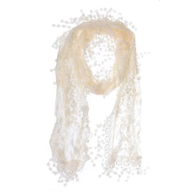 BSB AN Fashion Leafy Lace Scarf Womens With Tassels (66 inches x 8.5 inches + 2 inch tassel, Ivory)
