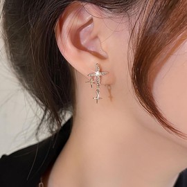 Atentuyi Boho Mini Cz Crystal North Star Stud Earrings Silver Rhinestones Small Cross Earrings Tiny Cz Starburst Earrings Jewelry for Women and Girls