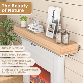 AZSKY Fireplace Mantel Shelf Handmade 60 Inch, Natural Wood Floating Long Mantel Shelf for Over Fireplace, Wall Mounted Hanging Shelf with Invisible Wood Bracket for Bedroom Living Room, Set of 1