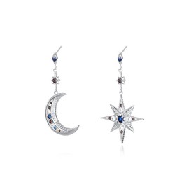 UniLogue 925 Sterling Silver Asymmetric Stud Earrings Colorful Zircon Star Moon Drop Earrings(Silver)