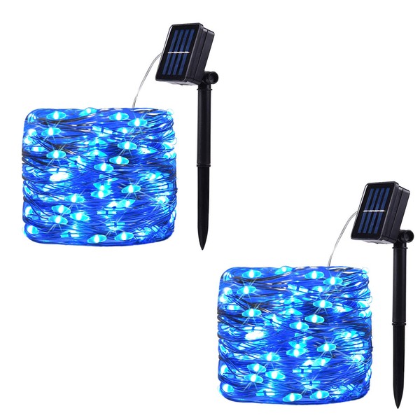 SPRKLINLIN 2 Pack 100 LED Solar Powered String Lights, Outdoor Waterproof Copper Wire 8 Modes Fairy Lights for Garden, Patio, Party, Yard, Home (Blue)