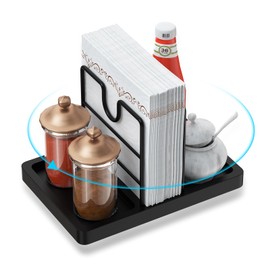 PENGARO Napkin Holder for Table, 360° Rotating Napkin Holders Metal Dining Napkin Dispenser with Salt and Pepper Shakers Holder, Standing Paper Napkin Storage for Kitchen Dining Table, Black