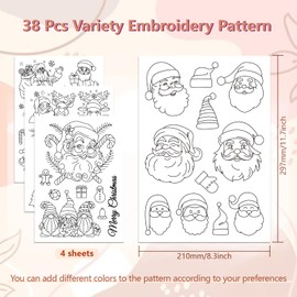 peacoblue Water Soluble Embroidery Patterns for Beginners 4 Sheets Christmas Santa with 38pcs Patterns, Wash Away Stick and Stitch Dissolvable Embroidery Paper for Hand Sewing Lovers Women Adult