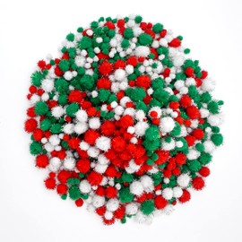 Lusy DM 1200 Pieces Christmas Pom Pom Glitter Pom Pom Balls Christmas Tinsel pom pom for Craft Making and Hobby Supplies (4 Sizes, White, Red, Green)