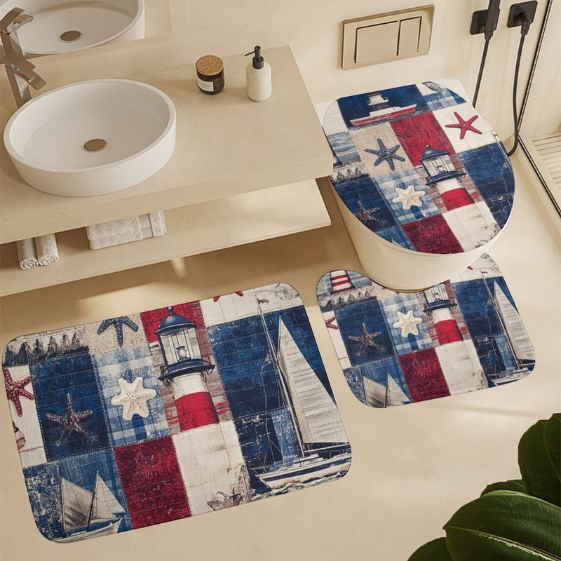 HDESDIS 4Pcs Abstract Sea Lighthouse Shower Curtain Sets with Rugs,
