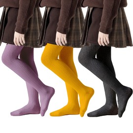 Girls Tights Toddler Cable Knit Leggings Stockings 3 pack Cotton Seamless Pantyhose Pants for Toddlers Kids Girls (Charcoal+Yellow+Purple, 2-4 Years)