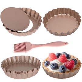 Urxirha 6 Pack Mini Fluted Tart Pans with Removable Bottom, 4-Inch Nonstick Quiche Pan with Silicone Basting Pastry Brush for Baking Treats, Pie, Quiches, Tartlets (Rose Gold)