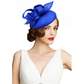 ORIDOOR Sinamay Fascinator Flower Feathers Pillbox Hat Headband Hair Clips for Derby Cocktail Wedding Tea Party, D2 Royal Blue, One Size