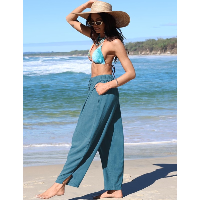 TARSE Womens Linen Wide Leg Pants Casual Loose Drawstring Summer