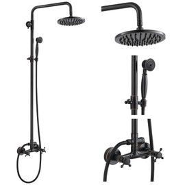 Dual Functions Exposed Pipe Shower System Round 8 Inch Rainfall Shower Head Brass Fixture Combo Set Two Handles Bathroom Shower Faucet Adjustable Showerhead Bar,Oil Rubbed Bronze