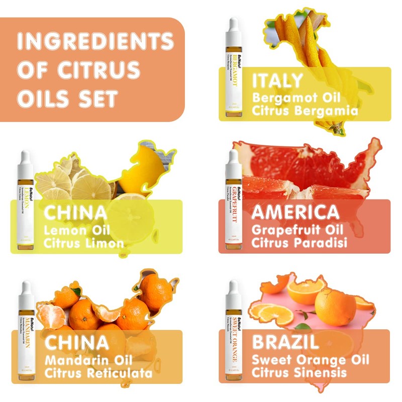 Citrus Essential Oil Set for Diffuser, Natural Fruity Fragrance Blends