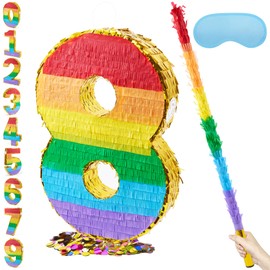 PCFING 20 Inch Number 8 Piñata Rainbow with 30 Inch Piñata Stick Blindfold Confetti for Boy Girl Kids Birthday Party Decorations, Anniversary Celebration, Fiesta