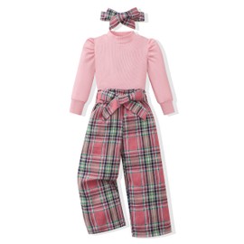 XUANHAO Girls Clothes Size 7 8 Fall Winter Girls Clothing Sets Cute Back to School Clothes Puff Sleeve Sweatshirts Tops Pink Plaid Pants Sweatsuit Sets Fall Girl Outfits Size 7/8