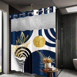 Boho Mid Century Modern Hookless Shower Curtain with Snap in Liner, Navy Blue and Gold No Hook Double Layer Shower Curtains and Liner Set, Waterproof Cloth Fabric, 71" W X 74" L