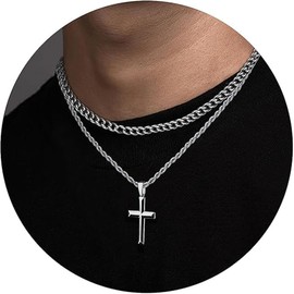 ZEPIQOR Cross Necklace Men's Silver Gold Black Necklace Stainless Steel Cuban Chain Layered Cross Pendant Graduation Birthday Gifts for Men