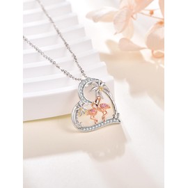 KINGWHYTE Pink Flamingo Necklace 925 Sterling Silver Heart Pendant Necklaces Animal Jewelry Birthday Valentines Gifts for Women