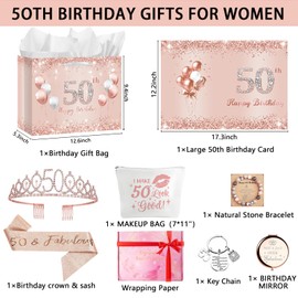 Trgowaul 50th Birthday Gift Basket for Women Rose Gold, 9PCS Gifts for Female Turning 50, Best 50-Year-Old Birthday Gift Ideas for Wife, Mom, Sister, Friend, 50th Fabulous Decorations Present Party Favor