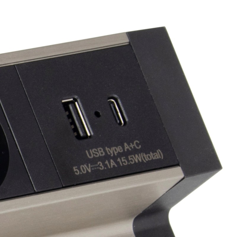 Aluminium surface-mounted socket 3-way, USB-A USB-C, clamp mounting