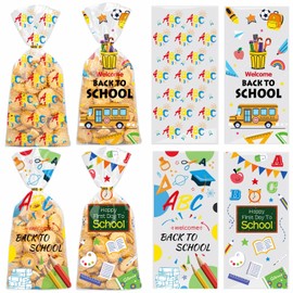 100 Pieces Back to School Cellophane Goodie Bags First Day of School Treat Bags with Twist Ties Plastic Treat Gift Wrapping Bags Welcome Back School Candy Cookie Bag for Classroom Party Supplies