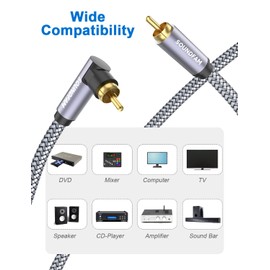 SOUNDFAM 90 Degree RCA Cable 20ft/6M,RCA Subwoofer Cable Dual Shielded Right Angle Digital Audio Coaxial RCA Cable Male to Male[Ultra-Durable and Tangle-Free]-Grey