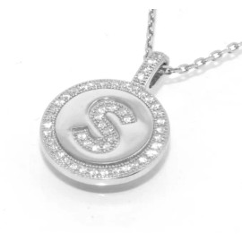 Bestgoldshop Initial Letter 'S' Pave CZ Disc Charm Pendant 925 Sterling Silver w/ Chain