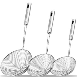 Anaeat Stainless Steel Spider Skimmer, Set of 3 Professional Kitchen Pasta Strainer Spoon with Long Handle - Asian Strainer Ladle Wire Skimmer Spoons for Cooking and Frying (4.5"+5.3"+6.1")