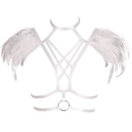 BODY CAGE Women's feathers body harness bra Gothic Punk Epaulette Burning man Festival rave Wing Bralette Adjustable Plus Size (White)