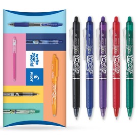 Pilot FriXion Clicker Fine Erasable Friction Rollerball Pen - Retractable Tip 0.7mm Nib 0.35mm Line Width - Essential Pillow Pack of 5 - Black, Blue, Violet, Red & Green