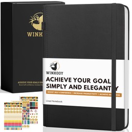 Winkooy A5 Lined Journal Notebook with Gift Box, 240 Pages Hardcover Leather Journal Notebooks for Writing, Travel, Business, College Ruled Notebooks for Men Women, Black