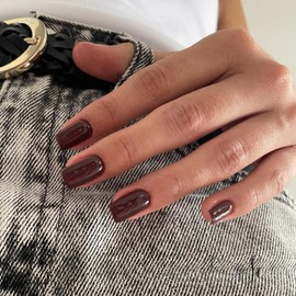 KQueenest Fall Nails, 30 PCS Brown Press on Nails Short Medium Square, Salon Like Fake Nails Acrylic,Dark Color Gel False Nails, Short Coffin False Nails Set, Varied Sizes for Women Daily Wear