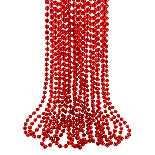 GiftExpress 33" 7mm Metallic Red Beaded Necklaces, Bulk Mardi Gras Party Beads Necklaces, Holiday Beaded Costume Necklace for Party (Red, 12 Pack)
