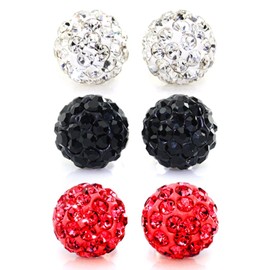 JewelrieShop Rhinestones Crystal Ball Stud Earrings Set Fireball Disco Ball Pave Bead Earrings Hypoallergenic for Women 8mm x 3 Pairs (White, Jet Black, Siam Red)