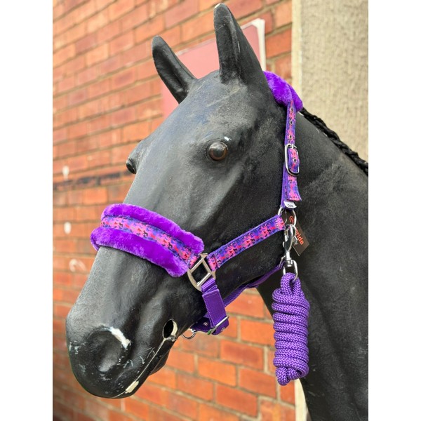 EQUIPRIDE HEADCOLLAR AND LEAD ROAD SET FAUX FUR UNICORN PRINT