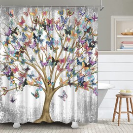 FuShvre Tree of Life Shower Curtain Fabric Vintage Colorful Butterflies on Branches Plants Fantasy Art Bath Curtain Shabby Bathroom Curtain for Women's Bathtub Decor Hooks Included 72" x 72"