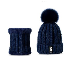 Knit Beanie Hat Scarf Set for Women Winter Hat Slouchy Beanie Thick Fleece Lined Warm Skull Cap with Faux Fur Pom (Navy)
