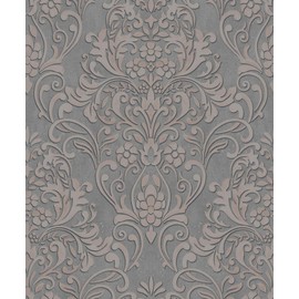 CONCORD WALLCOVERINGS ™ Sample for Display Purpose only Damask Textured Wallpaper Featuring Ornamental Design, Pink Rose Grey Silver Grey Copper, 7 in x 10 in; 32604