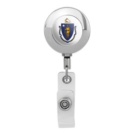 Massachusetts State Flag Retractable Reel Premium Metal Chrome Badge ID Card Holder Clip
