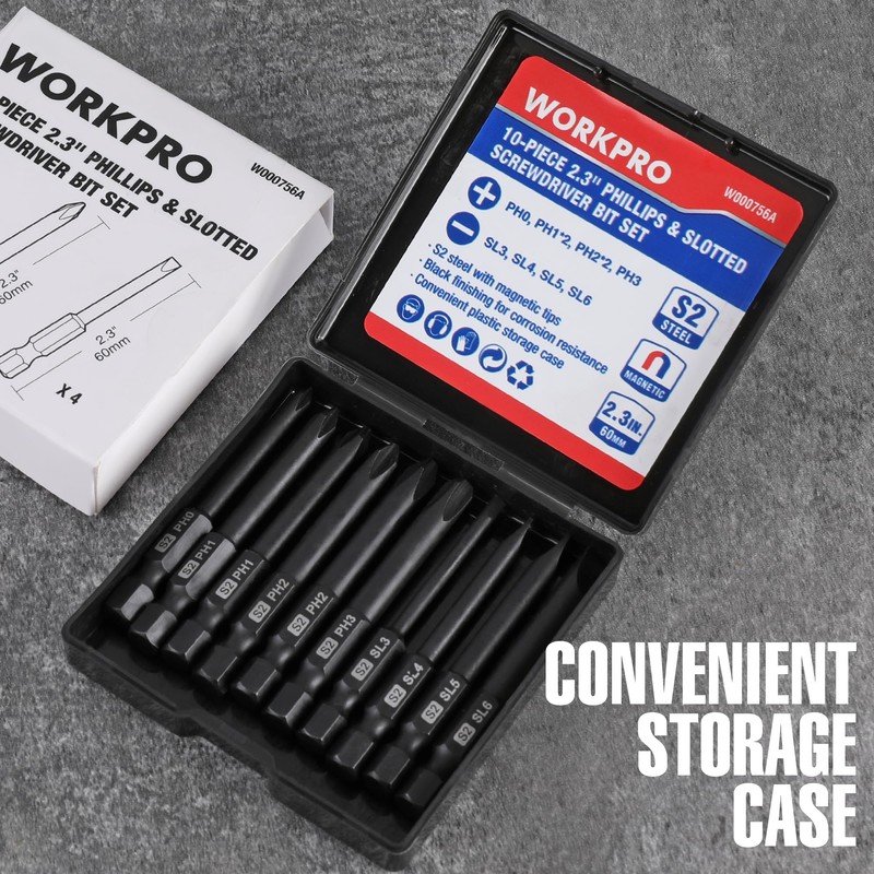 WORKPRO 10pcs Slotted Phillips Screwdriver Bit Set, CNC Machined S2