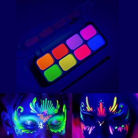 UV Blacklight Reactive Neon Make-up, Luminous Face and Body Paint, Water Based Neon Eyeshadow, Fluorescent 8 Colour Pigment Palette, Suitable for Blacklight Party