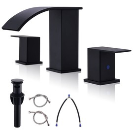 BRAVEBAR Black Waterfall Bathroom Faucet 3 Holes - 8Inch Widespread Bathroom Sink Faucet Two Handles Lavatory Vanity Sink Faucets with Overflow Pop-up Drain & Supply Lines Matte Black Upgraded