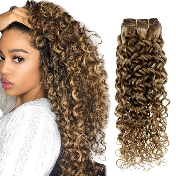 Hetto Natural Curly Clip in Hair Extensions Human Hair Brown Highlighted Blonde Clip in Extensions Curly Hair 7Pcs 100g Full Head Clip in Wavy Human Hair Pieces 16 Inch