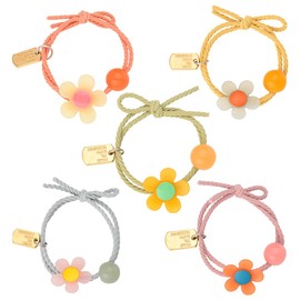 Hair Ties Set For Girls Toddlers 5 Pcs Colorful Hair Ropes Cute Hair Accessories for Girl Elastic Hair Tie with Flower Bead Tag Ponytail Hair Holder