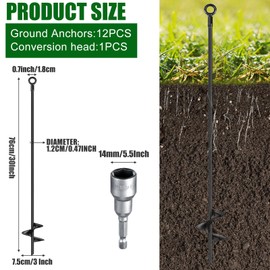 Lasnten 12 Pcs 30 Inch Heavy Duty Ground Anchor Spiral Blade Earth Anchor Kit Metal Anchor Hook Beach Sand Stakes Camping for Securing Animals, Shelters, Tents, Canopies (Black)