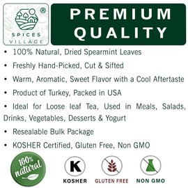 Spices Village Mint Leaves, 2 Oz - Fresh Dried Spearmint Herbs, Crushed Mint Spice Great for Loose Leaf Tea, Dry Mint Powder, Cut and Sifted - Kosher, Gluten Free, Non GMO, Resealable Bulk Bag