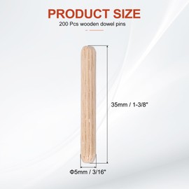 PATIKIL Wooden Dowel Pins 3/16" x 1-3/8" (5mm x 35mm) Straight Dowel Rods Wood Fluted Dowels Rods for Crafts Furniture DIY Hardwood Count 200