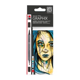 Marabu 0145000000103 - Aqua Pen Graphix, Metropolitan, 6 Aquarellfilzstifte im Set mit brillanter Farbe, wasserbasierte Tusche, Doppelspitze, aquarellierbar auf Aquarellpapier